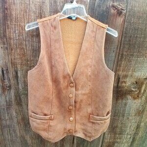 BRONSON VEST UNISEX SIZE LAEGE BROWN LEATHER ACRYLIC CHIC VINTAGE SNAP POCKETS